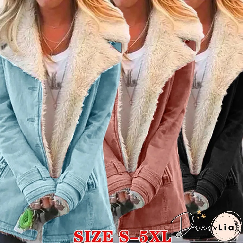 Autumn Winter Women Fashion Faux Fur Lining Jackets Turn-Down Collar Outerwear Ladies Warm Lapel Long Sleeve Jacket Coats Plus Size S-5XL