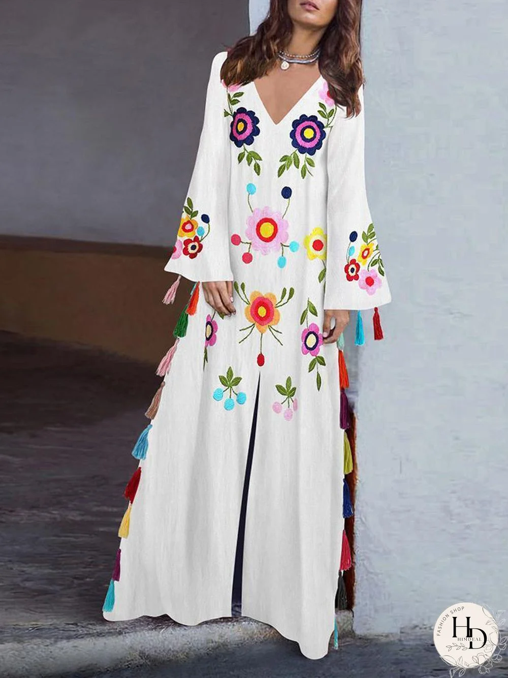 Boho Floral Tassel Split Long Dress