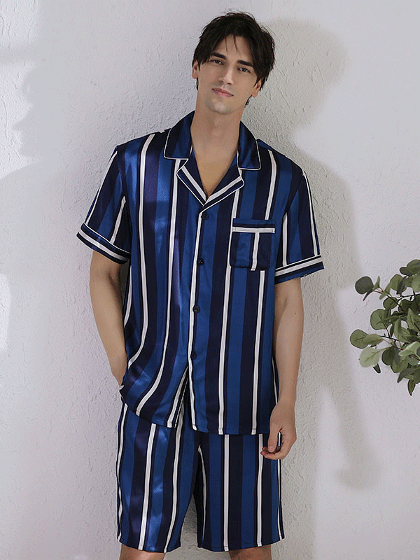 22 Momme Blue Striped Silk Pajamas Short Set For Men