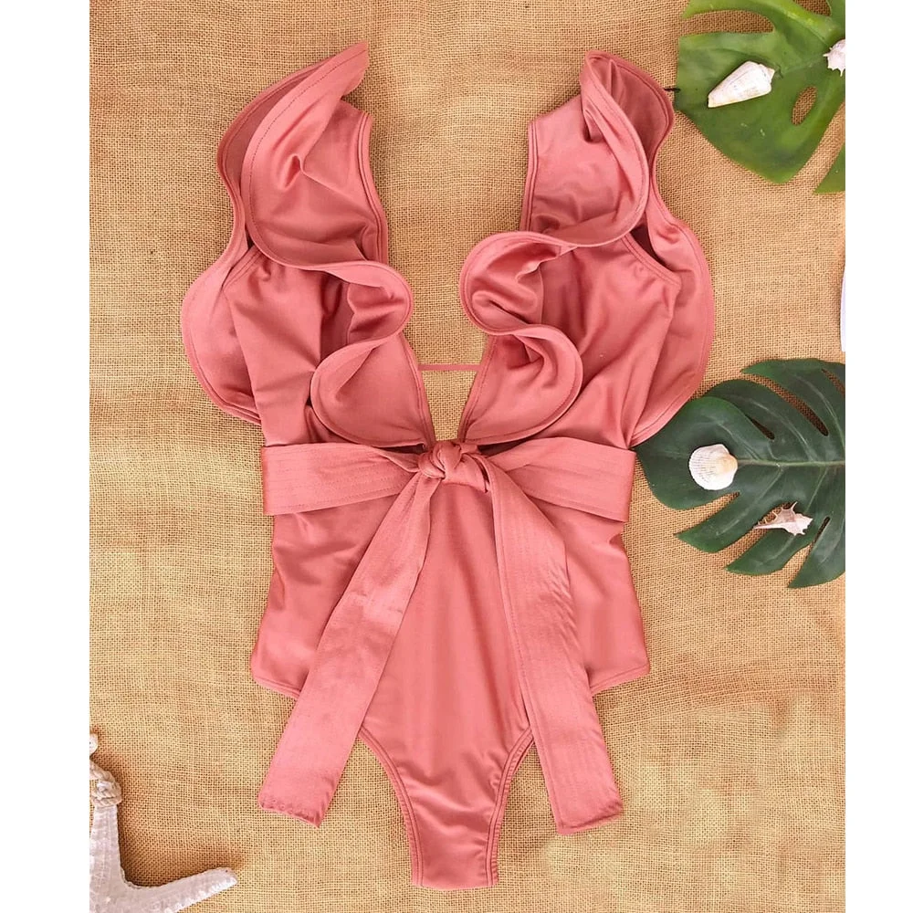 2020 New Sexy Ruffle Print Floral One Piece Strappy Slimming Swimwear Women  Swimsuit Deep-V Bathing Suit Beach Wear Monkini