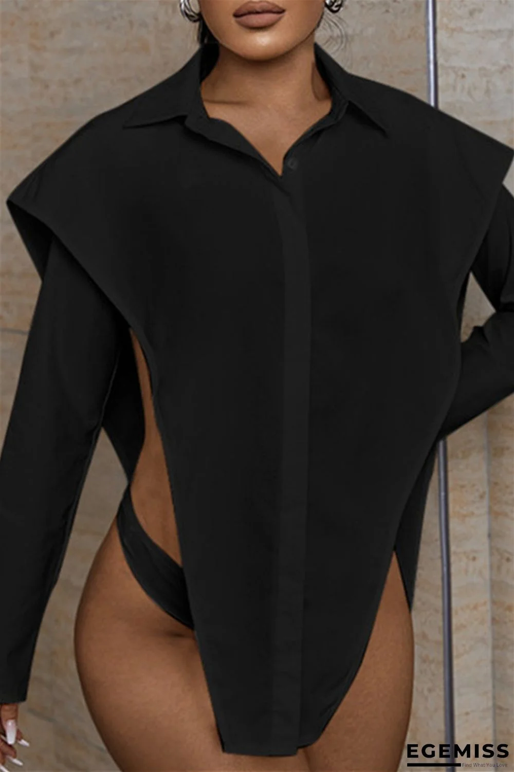 Black Sexy Casual Solid Asymmetrical Turndown Collar Long Sleeve Shirt Tops | EGEMISS