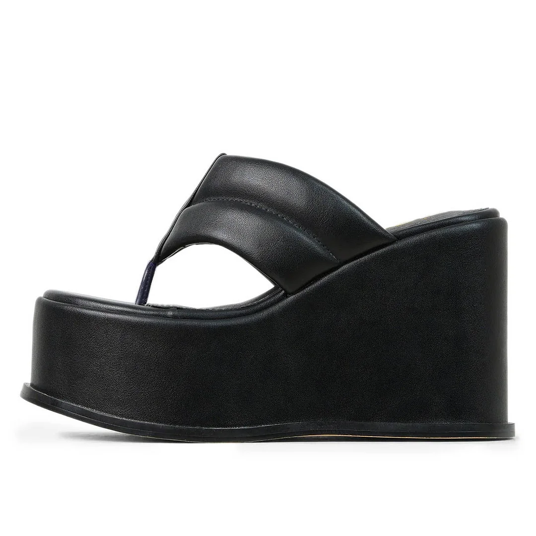 Black Round Toe Wedge High Heel Wide Strap Slip On Platform Flip Flops