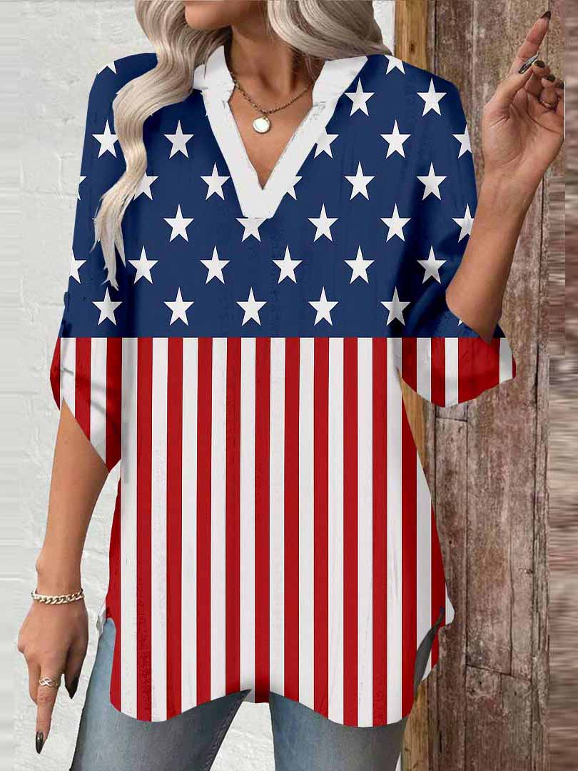 Women  Independence Day, Star, Striped, Blue, Red DZGA0248 3/4 Sleeve V-neck Printed Graphic Button Tops
