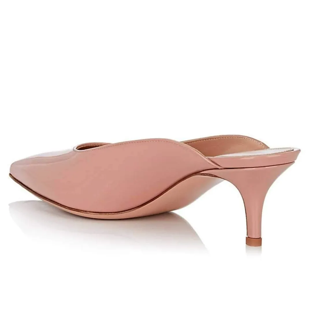 Pink Patent Leather Pointed Toe Kitten Heel Mules for Women