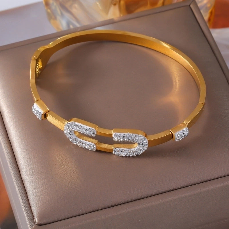 Casual Minimalist Round Lines 304 Stainless Steel 18K Gold Plated Rhinestones Bangle In Bulk