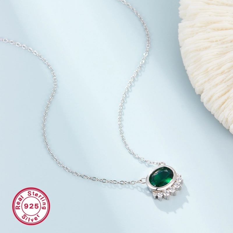 925 Sterling Silver Long-Lasting Plated Zircon Plating Inlay Geometric Oval Pendant Necklace