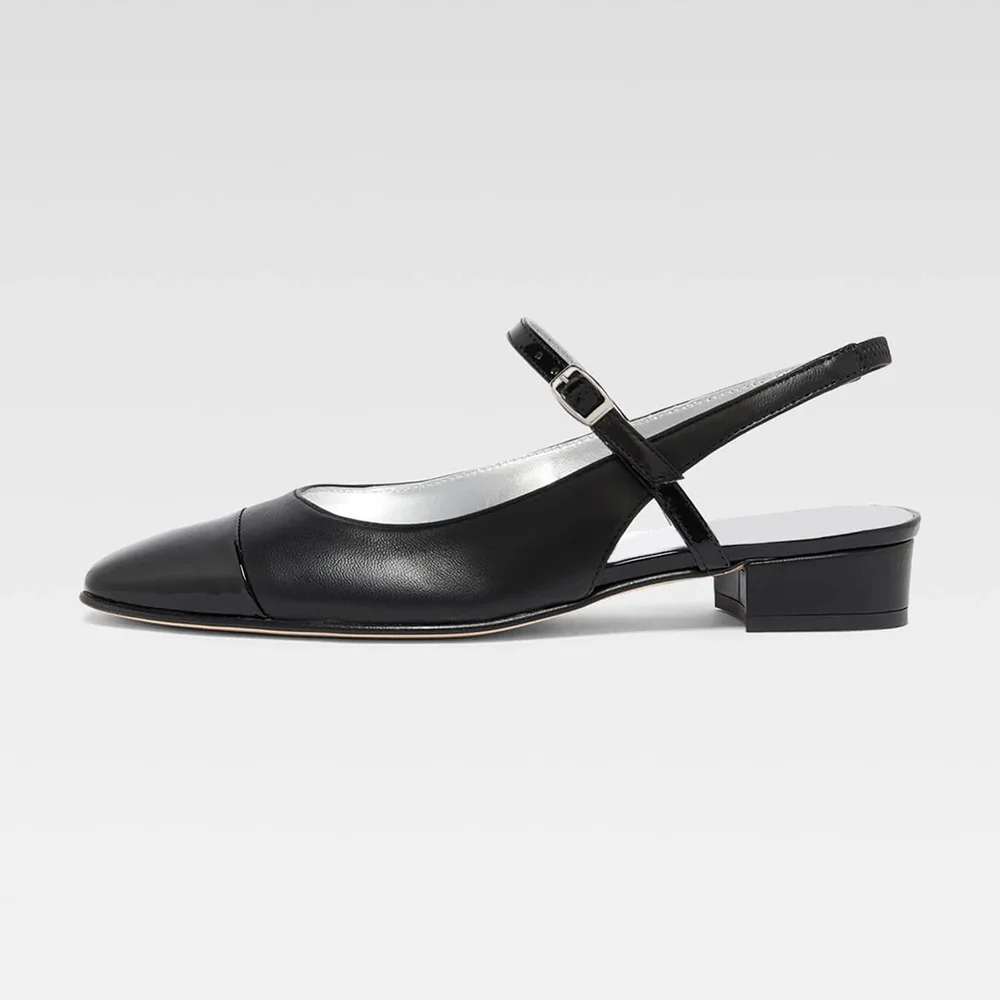 Black Square Toe Buckle Mary Jane Slingback Flat Shoes for Women