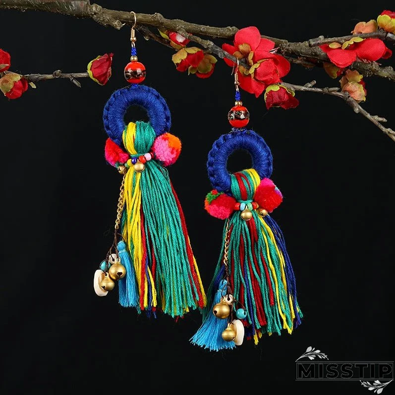 Retro national style contrast color pommel Earrings exaggerated personality Bohemian holiday long tassel temperament Earrings women