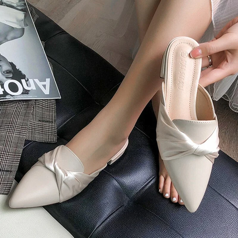 Women Slippers Fashion Mules French Elegant Bowknot Design 2021 Low Heel Slip on Leisure Ladies Office Shoes Beige External Wear