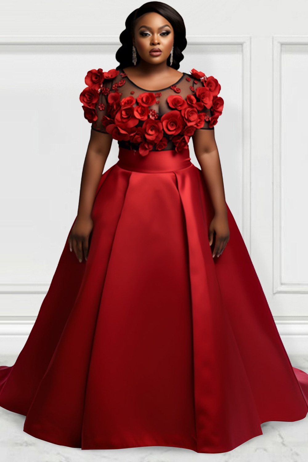 Design Plus Size Formal Elegant Red Spring Summer Round Neck Short Sleeve 3D Satin Two Piece Skirt Sets [Pre-Order]