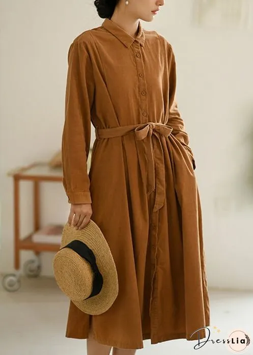 New Light Camel Button Tie Waist Patchwork Corduroy Shirts Dress Fall