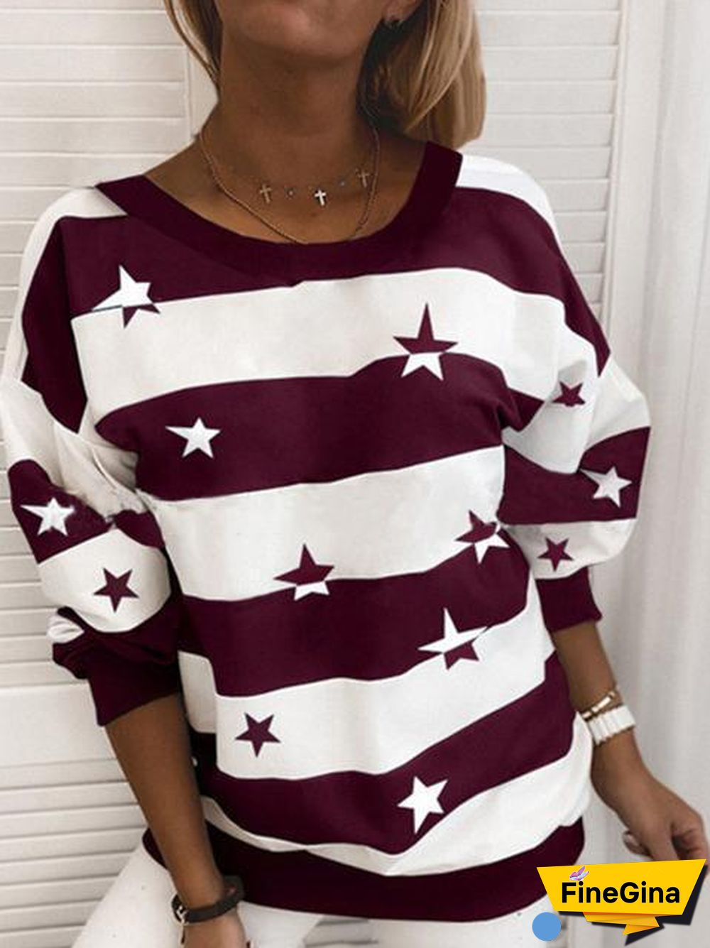Stripe Star Print Round Neck Sweater
