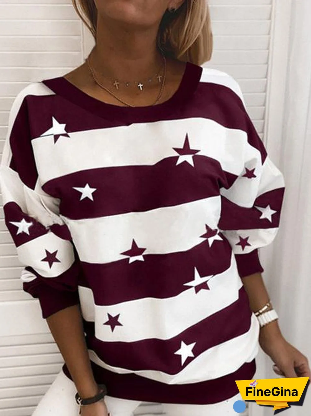 Stripe Star Print Round Neck Sweater
