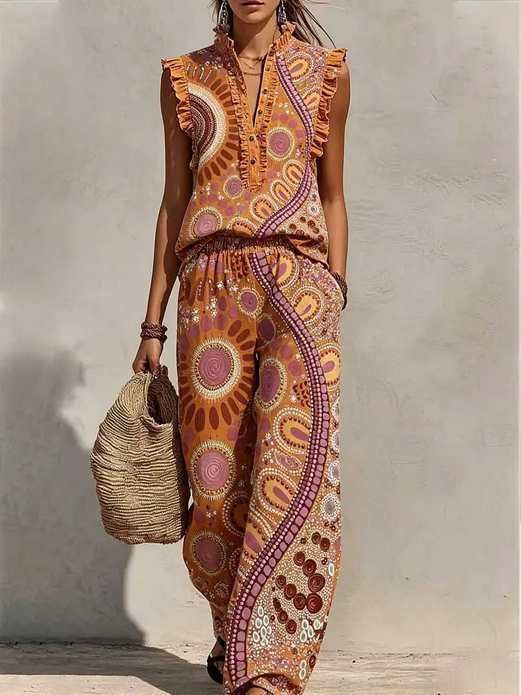 Women&rsquo;s Retro Abstract Geometric Art Print Two-Piece Set