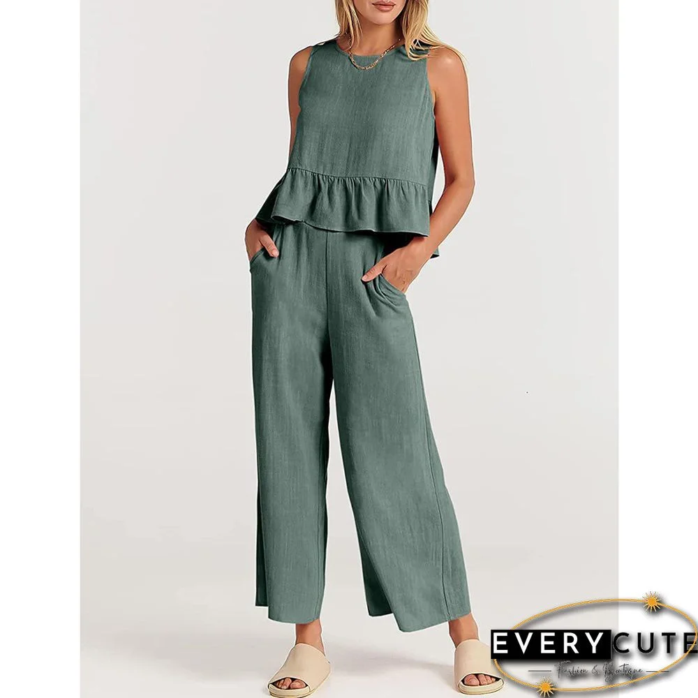 Gary Green Sleeveless Pleated Tank and Wide Leg Pants set