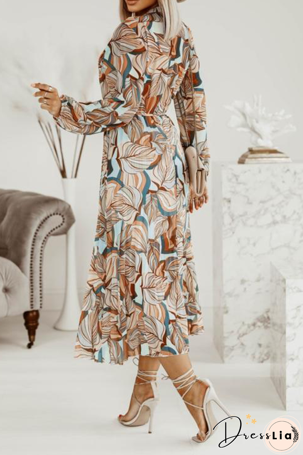 Casual Print Split Joint Turndown Collar Waist Skirt Dresses(3 Colors)