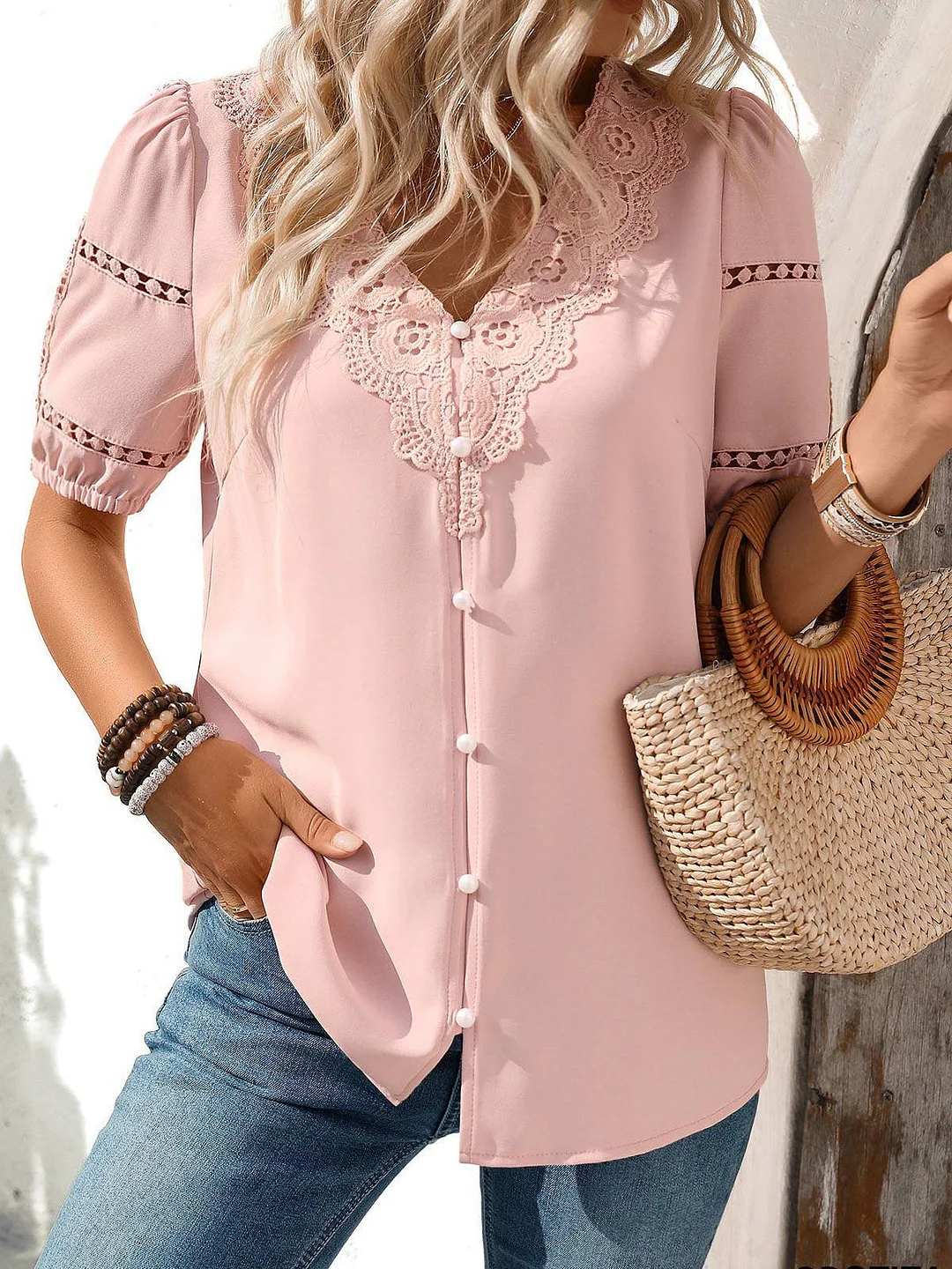 Women Short Sleeve V-neck Solid Lace Button Tops