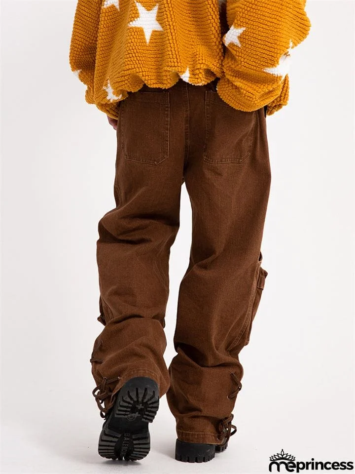 Men's Fashion Hip-Hop Loose Metal Buckle Multi-Pockets Jeans