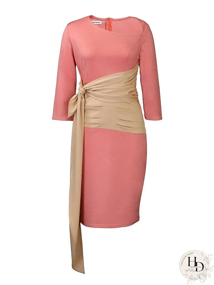 Dresses Slanted Neck Tie 3/4 Sleeve Slim Fit Dress for Women