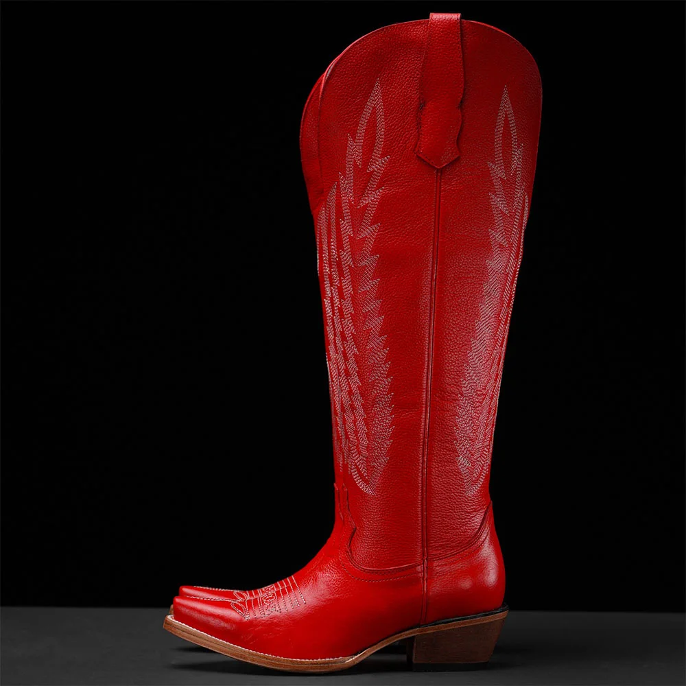 Red Embroidered Block Heel Snip Toe Tall Cowgirl Boots for Women
