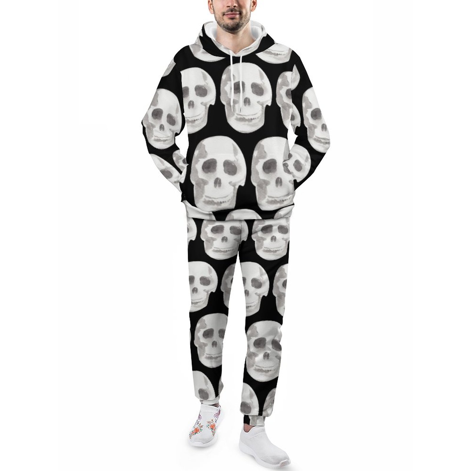 Scary Scull Black White Pattern Happy Halloween Men's Tracksuit 2 Piece Hoodie Sweatsuit Sets Casual Jogging Athletic Suits