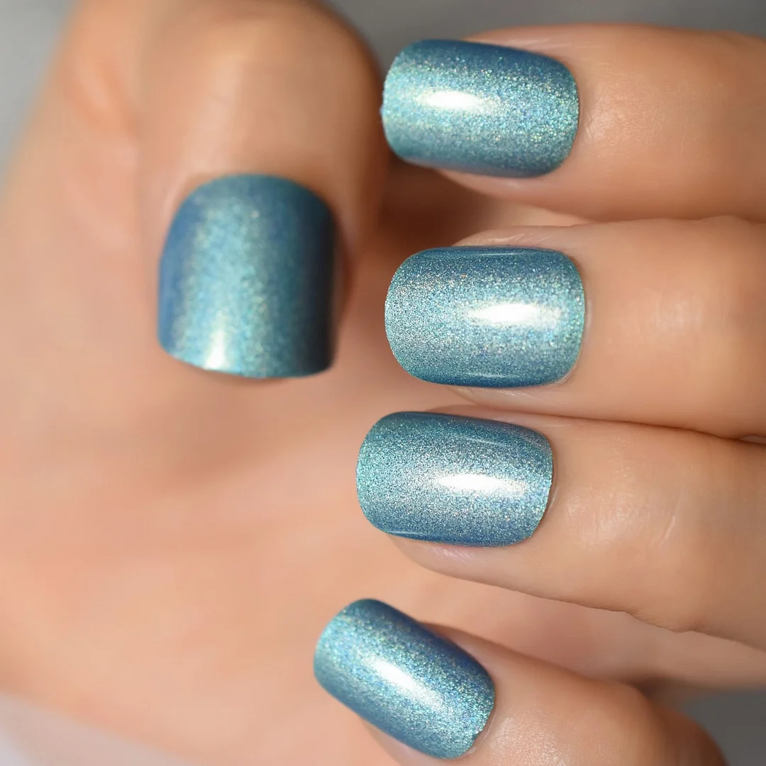 Rough Silver Glitter Faux Ongles Short Black Nails Fake Bling Lady Artificial Acrylic Nail Tips for Fingers-Nail Inspo