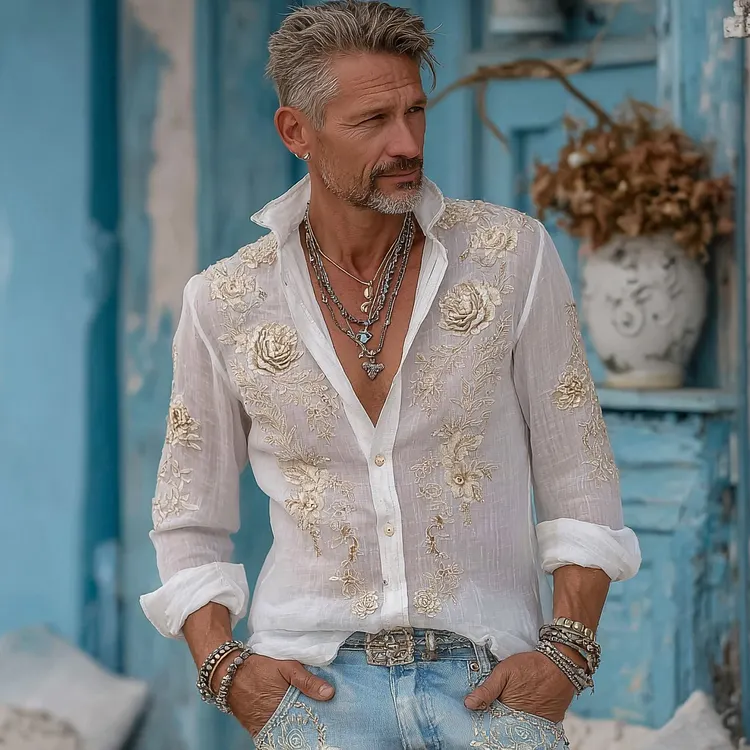 Men's Vintage Floral Embossed Comfort Linen Shirt