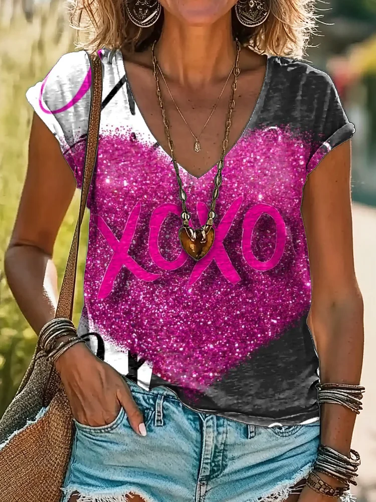 Women's XOXO Valentine's Day Print 100%Cotton V-neck T-Shirt