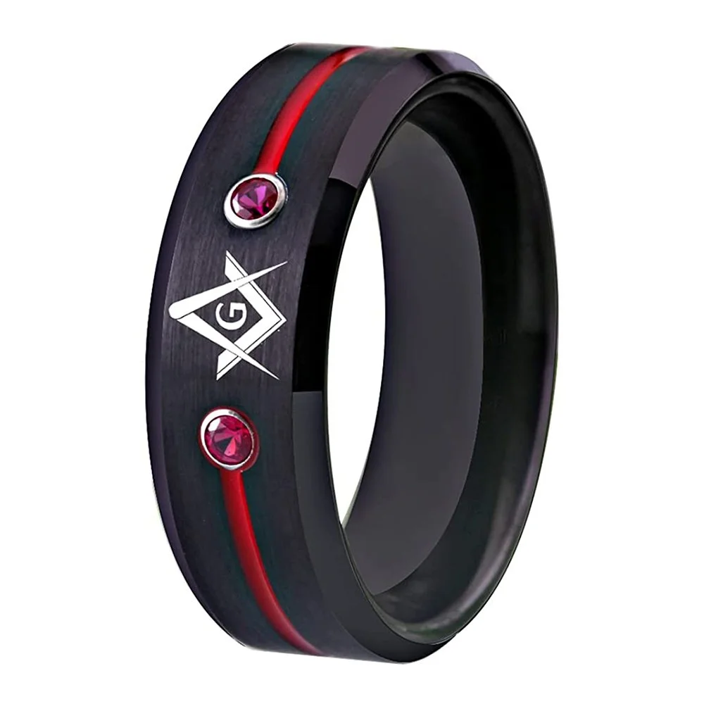 6MM 8MM 10MM Masonic Compass Tungsten Carbide With Gold Red Groove And Blue Cubic Zirconia Inlay Men's Wedding Bands