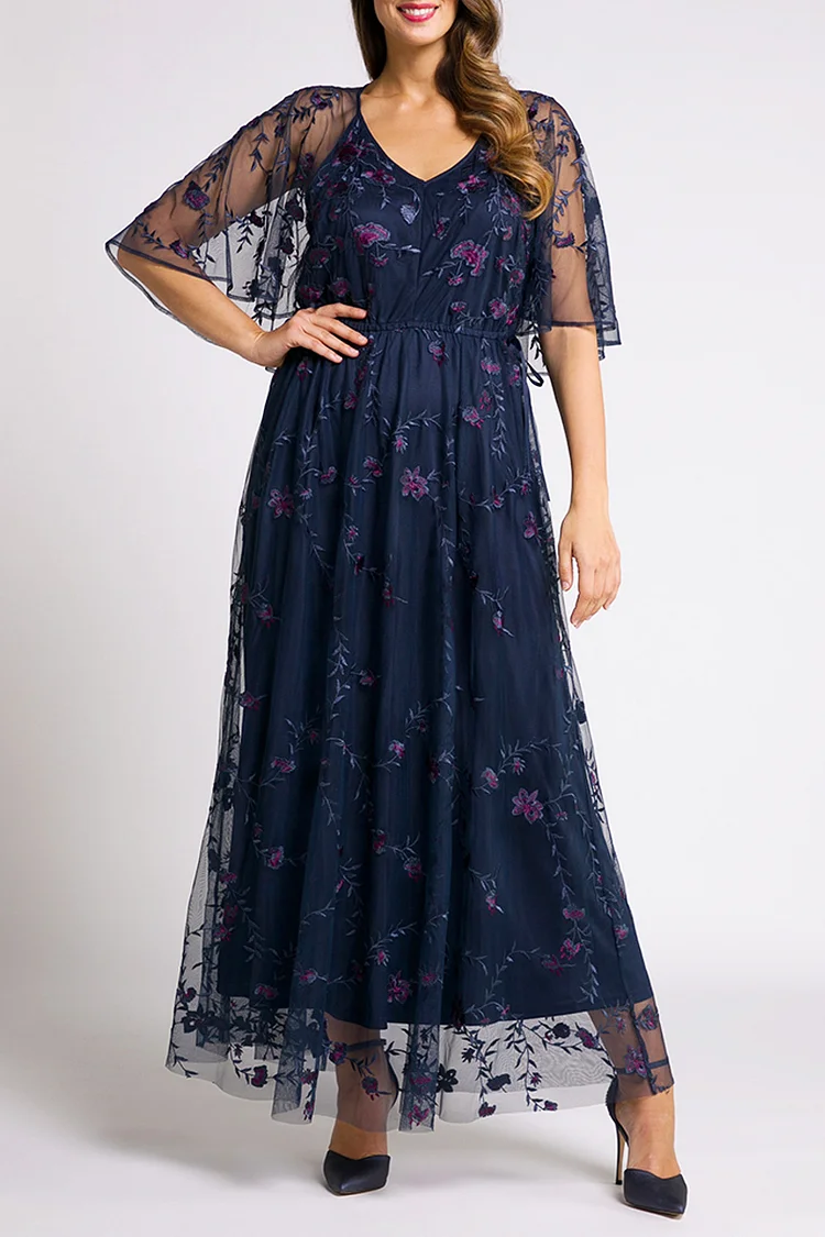 Flycurvy Plus Size Mother Of The Bride Navy Blue Lace Mesh Floral Embroidery Tunic Maxi Dress  Flycurvy [product_label]