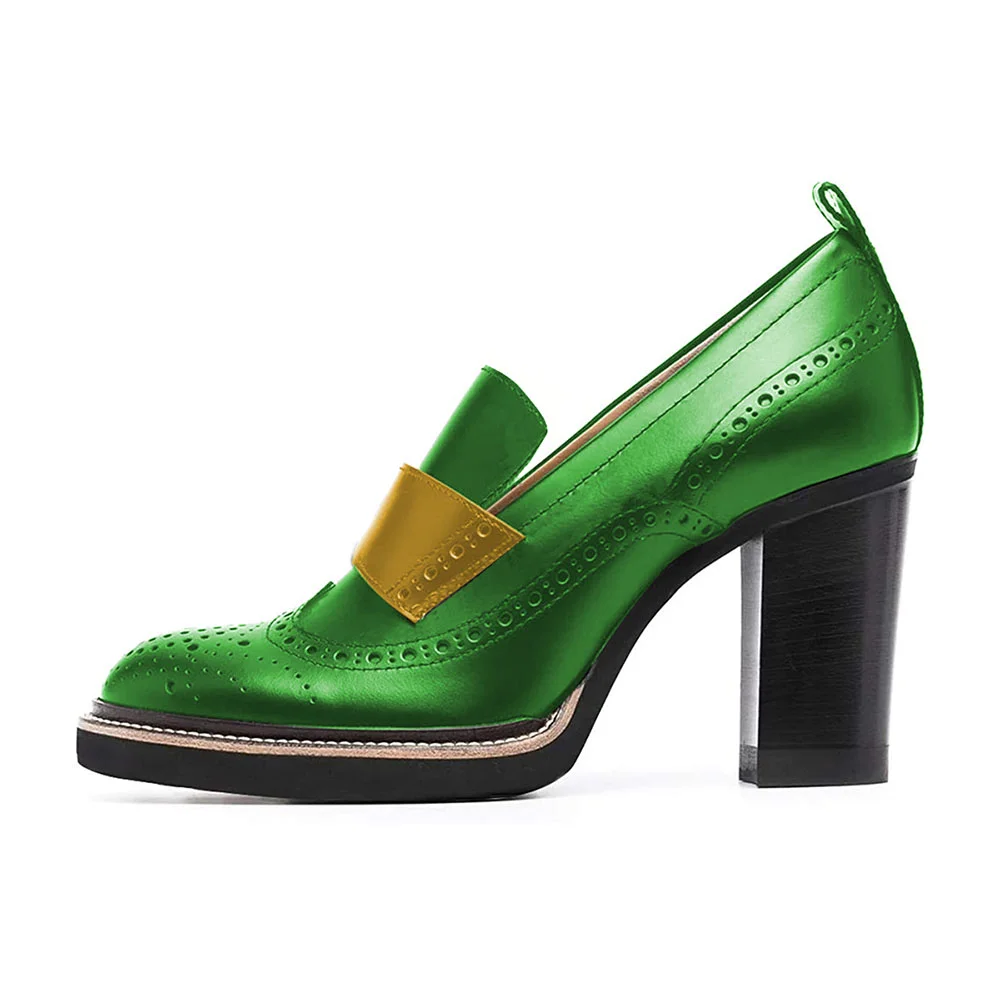 Chic Green Vegan Leather Brogue Style Chunky Heeled Loafers