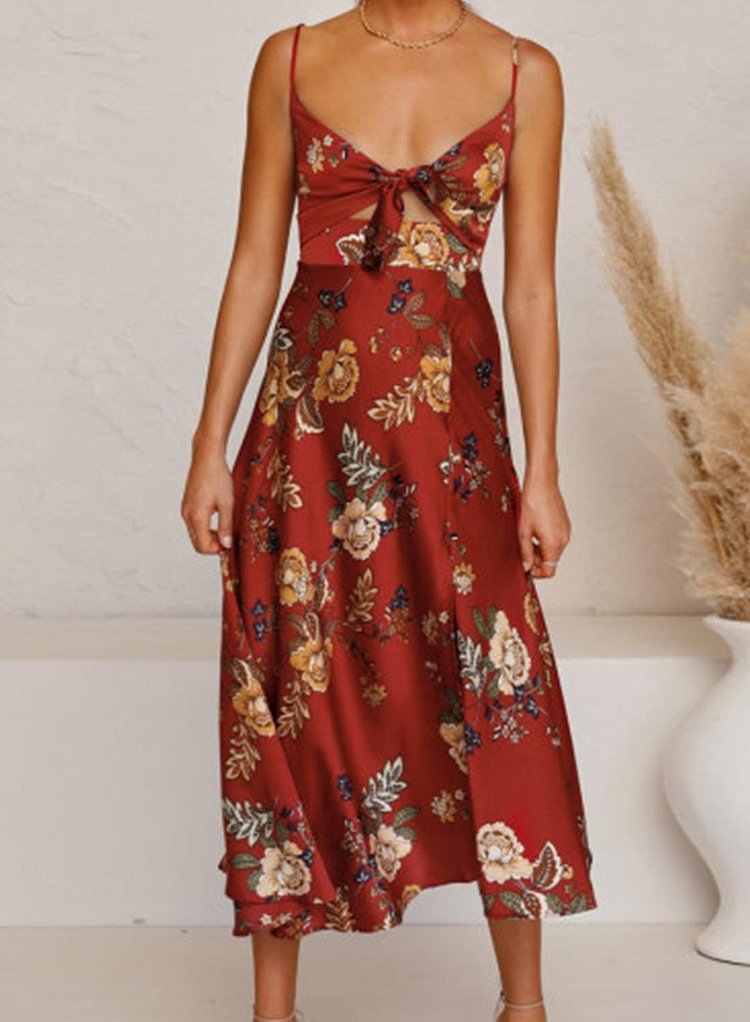 Women's Dresses Floral Print Split Chest Knot Cami Midi Dress