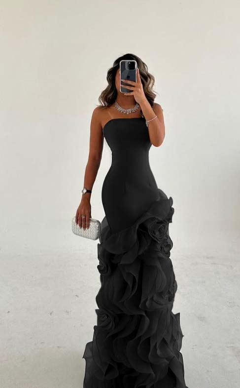 Lisliy Amazing Dusty Blue Satin Sleeveless Strapless Long Prom Dress with Ruffles
