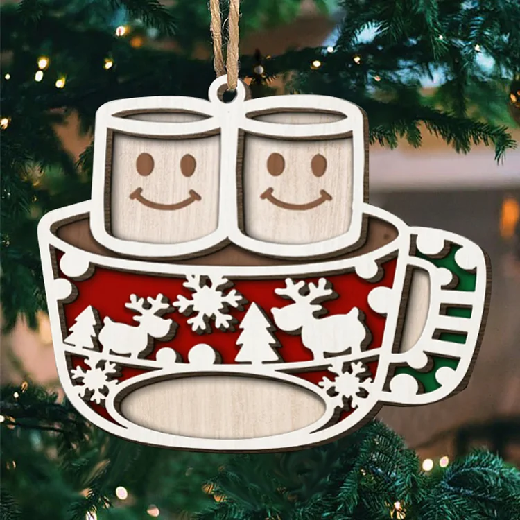 Christmas Family Ornament Custom 2 Names Coffee Cup Layered Wood Christmas Ornament