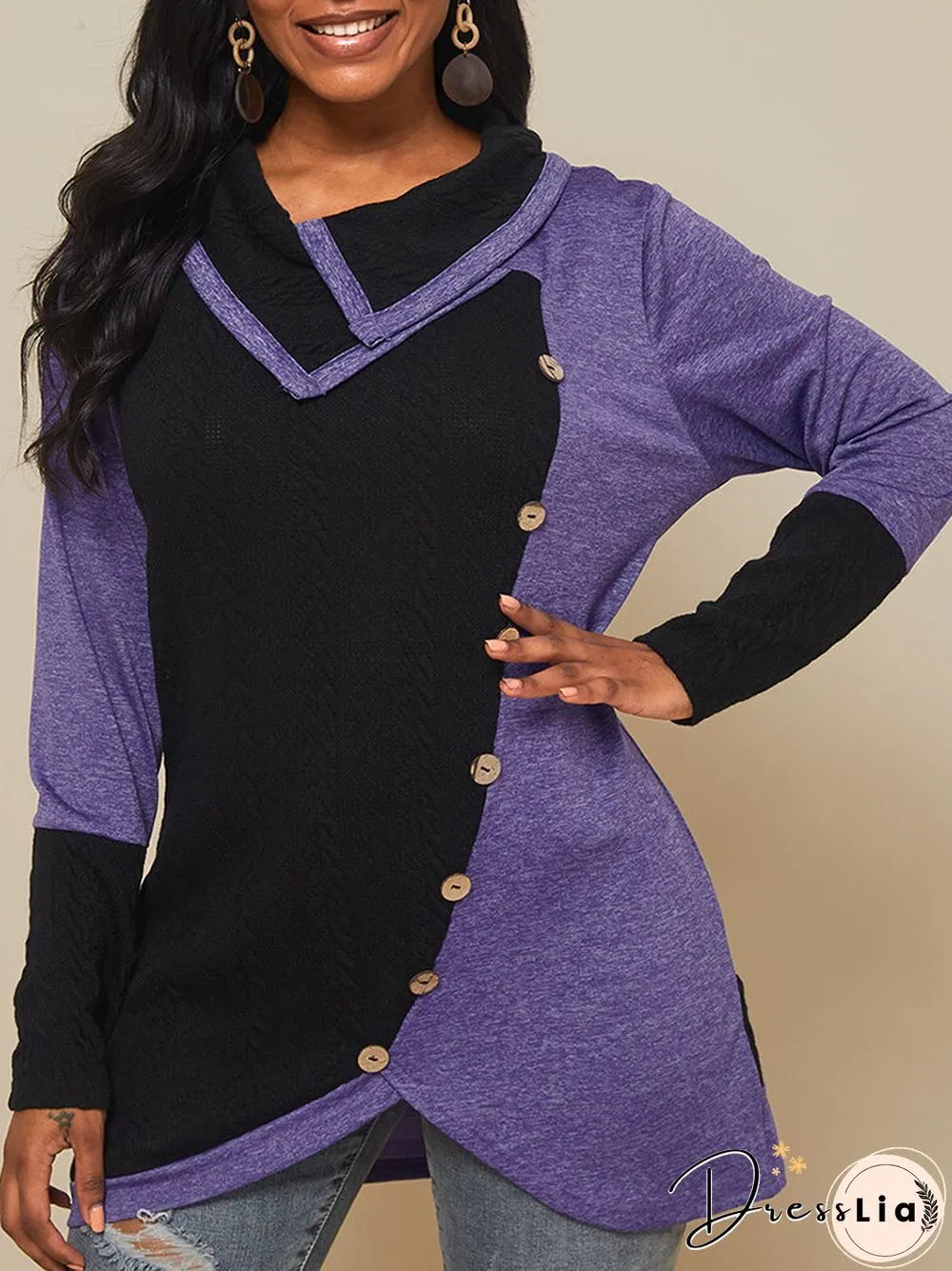 Contrast Color Long Sleeve Asymmetrical Patchwork Sweater for Women