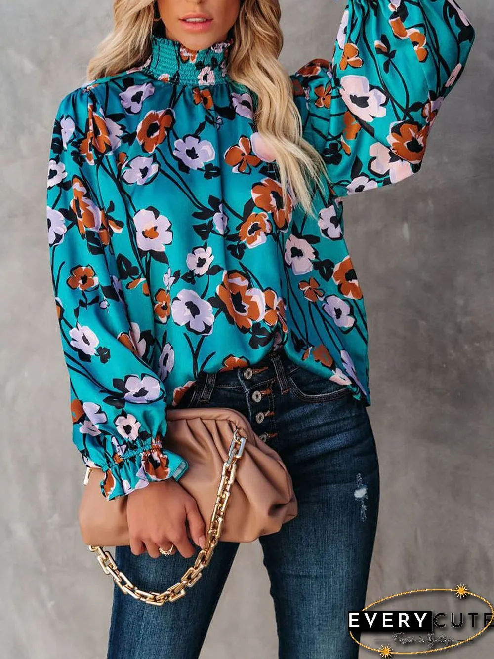 Turtle Neck Casual Long Sleeve Floral Blouse