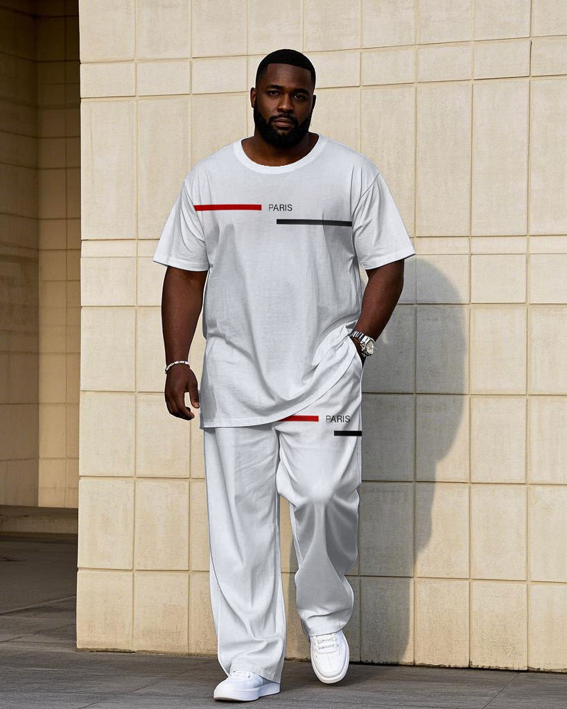 Men's Plus Size Casual White Chest Printed Short-sleeved T-shirt Trousers Suit