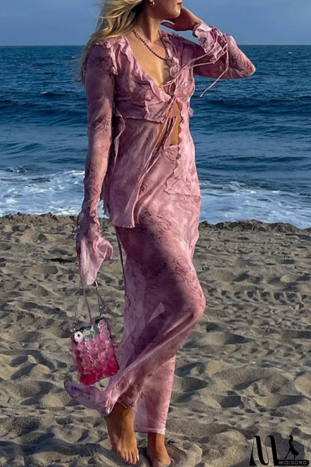 MidiSono - Mesh Printed Strappy Cardigan Skirt Suits