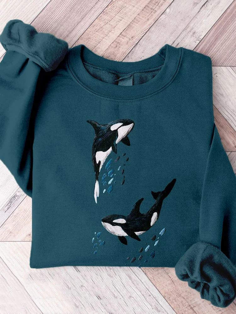 Whales Embroidery Art Pattern Crew Neck Comfy Sweatshirt
