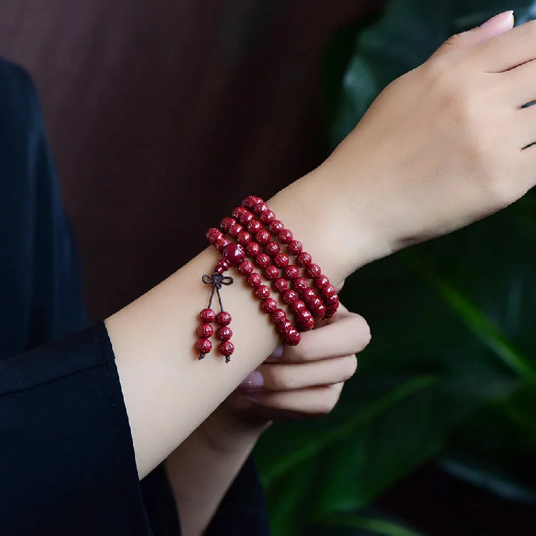 Cinnabar 108 Mala Beads Om Mani Padme Hum Pattern Engraved Blessing Bracelet