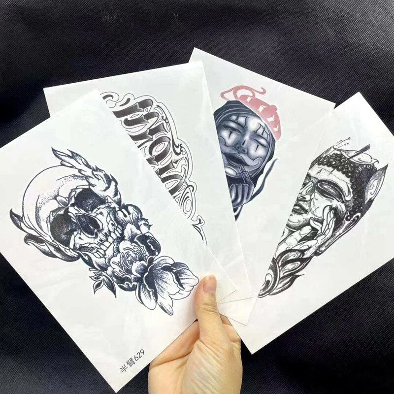 4 Sheets Black Arm Fake Tattoo Stickers For Men Women Skull Buddha Ghost Temporary Tattos Body Wrist Waterproof Decals Tatoos