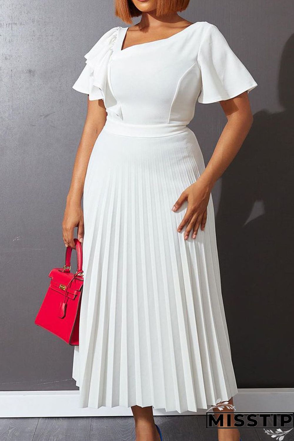 Green Casual Solid Patchwork Flounce Fold Asymmetrical Collar Straight Dresses