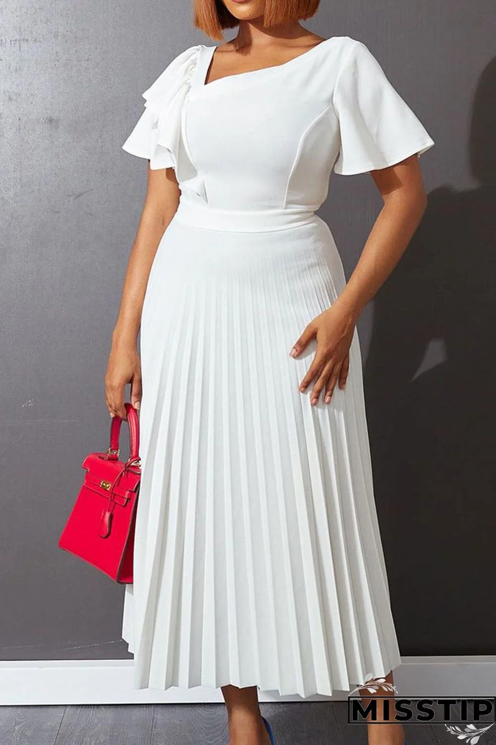 Green Casual Solid Patchwork Flounce Fold Asymmetrical Collar Straight Dresses