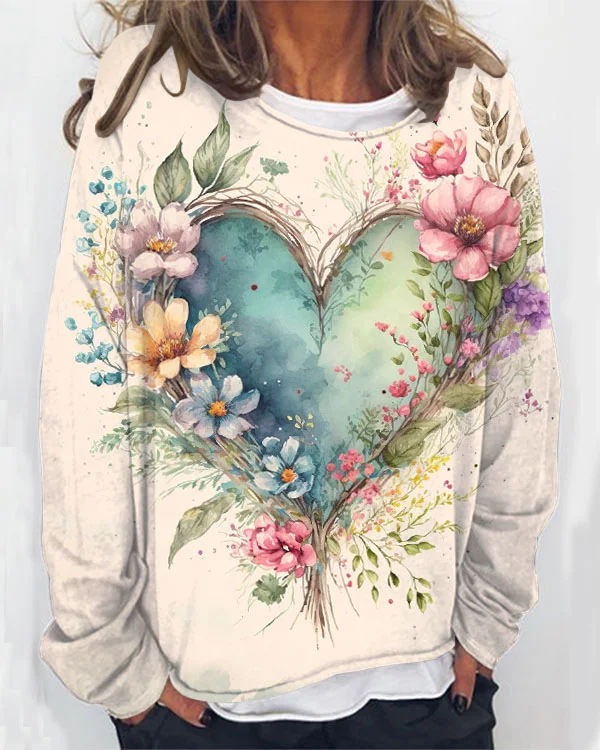 Retro Valentine's Day Love Flower Casual Round Neck Long Sleeve Top