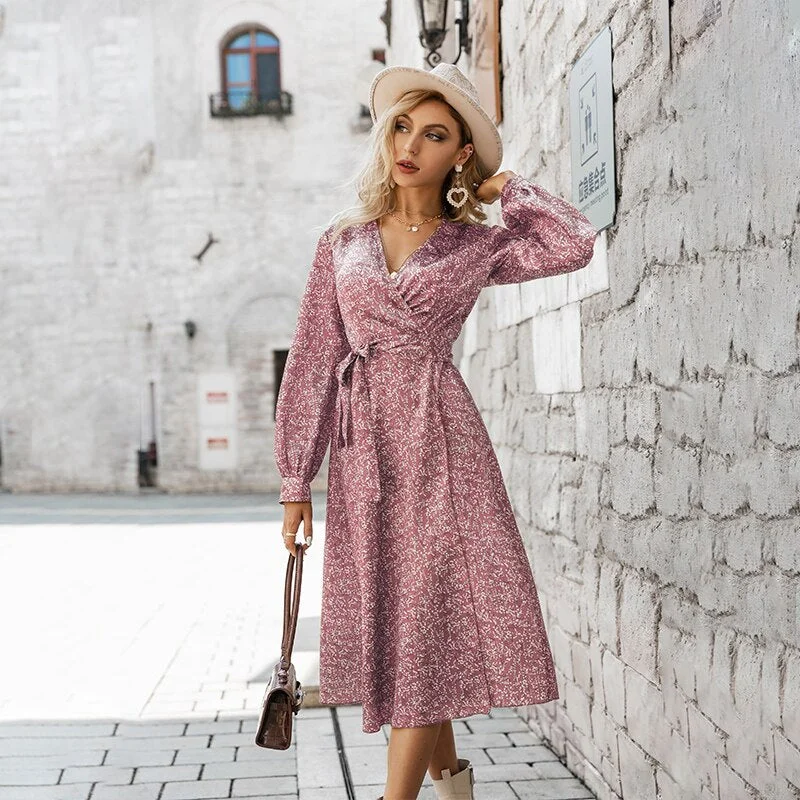 Simplee Holiday satin v-neck lace up floral print women dress Sash lantern sleeves split maxi vestidos A-line beach wrap dresses