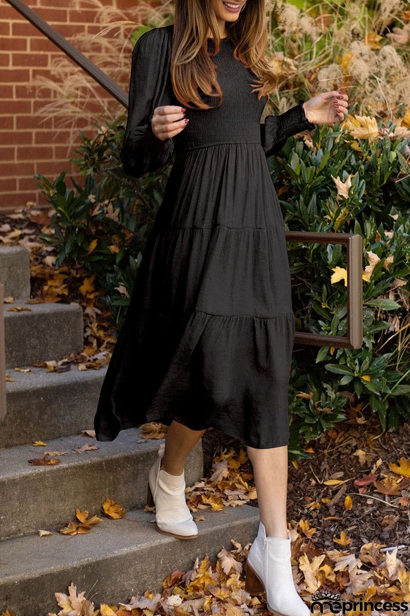 Sweet Elegant Fold Solid Color O Neck A Line Dresses(3 Colors)