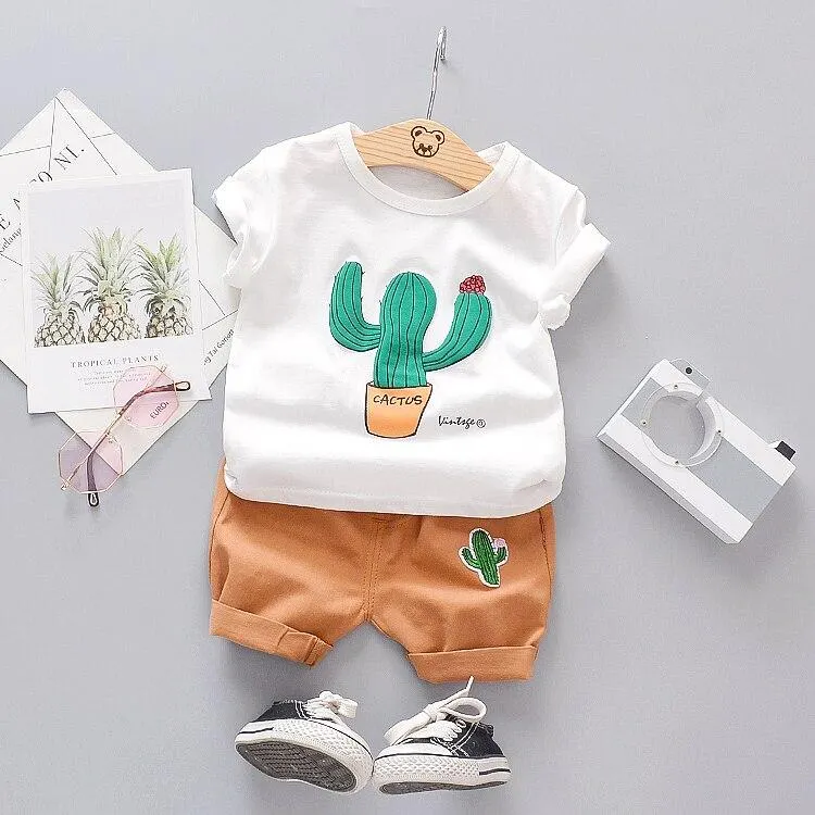 Boys Summer Clothing Toddler Boy 2021 Short Clothes Cactus O-neck T-shirt + Shorts Sets Baby Kids Clothes 1-4 Years