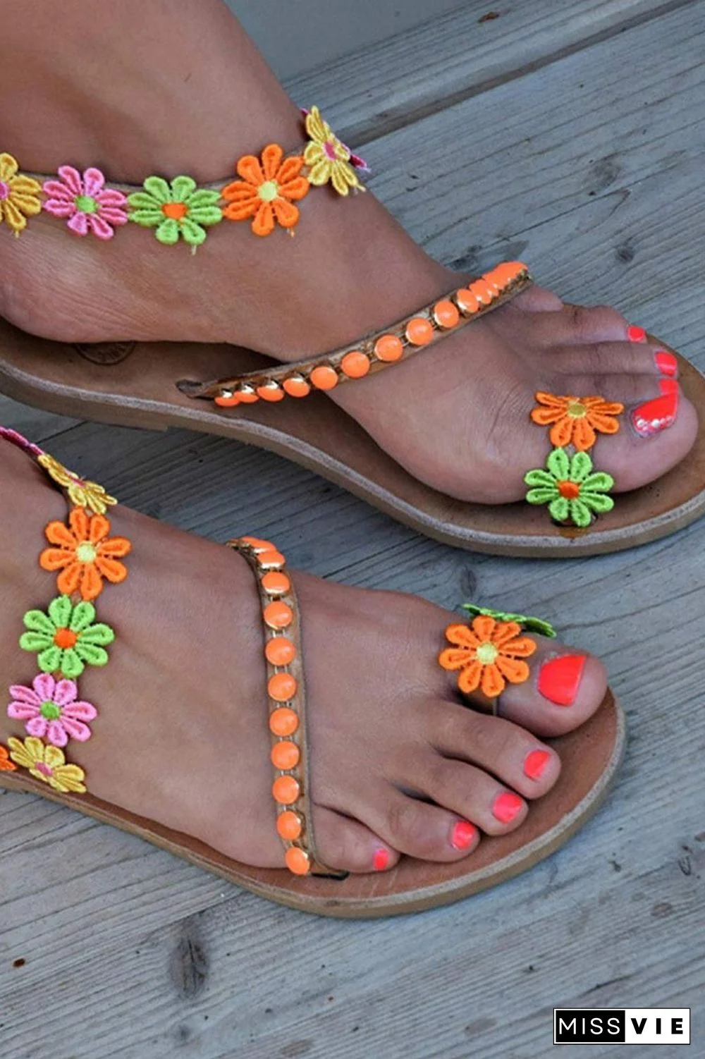 Colorful Flower Embellished Toe Ring Flat Sandals