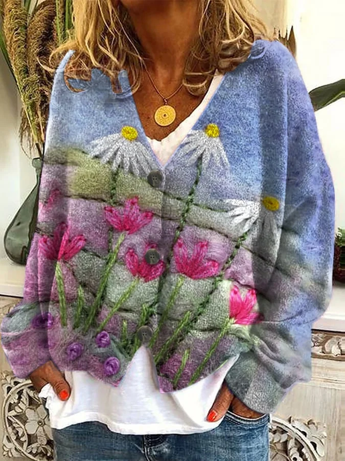Women's Knitted Floral Print Plush Cardigan