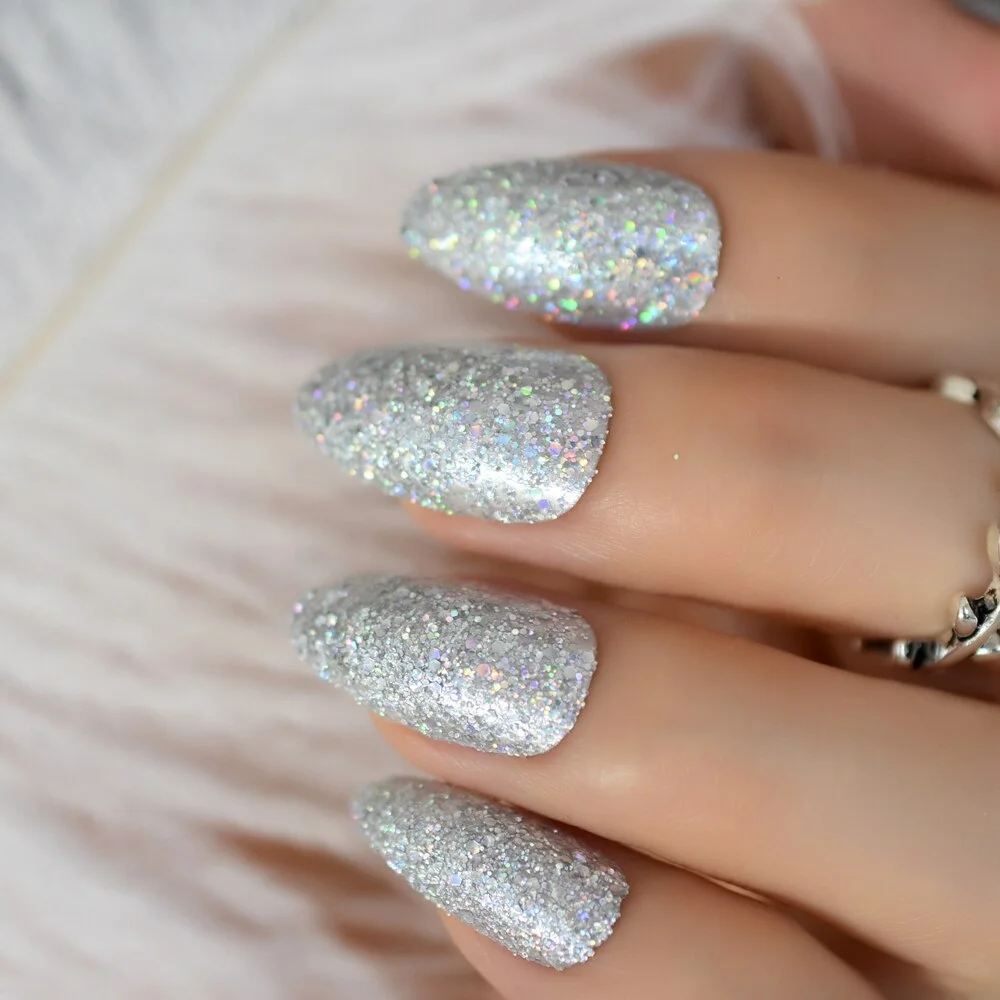Unicorn Chrome Nails Fake Almond Medium White Acrylic Tips Mirror Shiny Decorative Fingernails with Glue Tabs-Nail Inspo